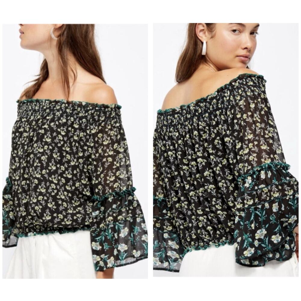 Free People Rose Valley Printed Blouse Black Green Bell Sleeves Size XS Boho
